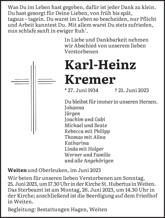 Traueranzeige von Karl-Heinz Kremer von saarbruecker_zeitung