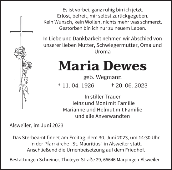 Traueranzeige von Maria Dewes von saarbruecker_zeitung