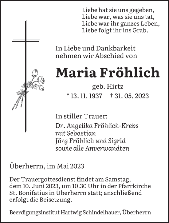 Traueranzeige von Maria Fröhlich von saarbruecker_zeitung