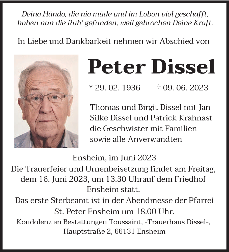  Traueranzeige für Peter Dissel vom 13.06.2023 aus saarbruecker_zeitung