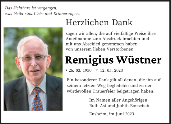 Traueranzeige von Remigius Wüstner von saarbruecker_zeitung