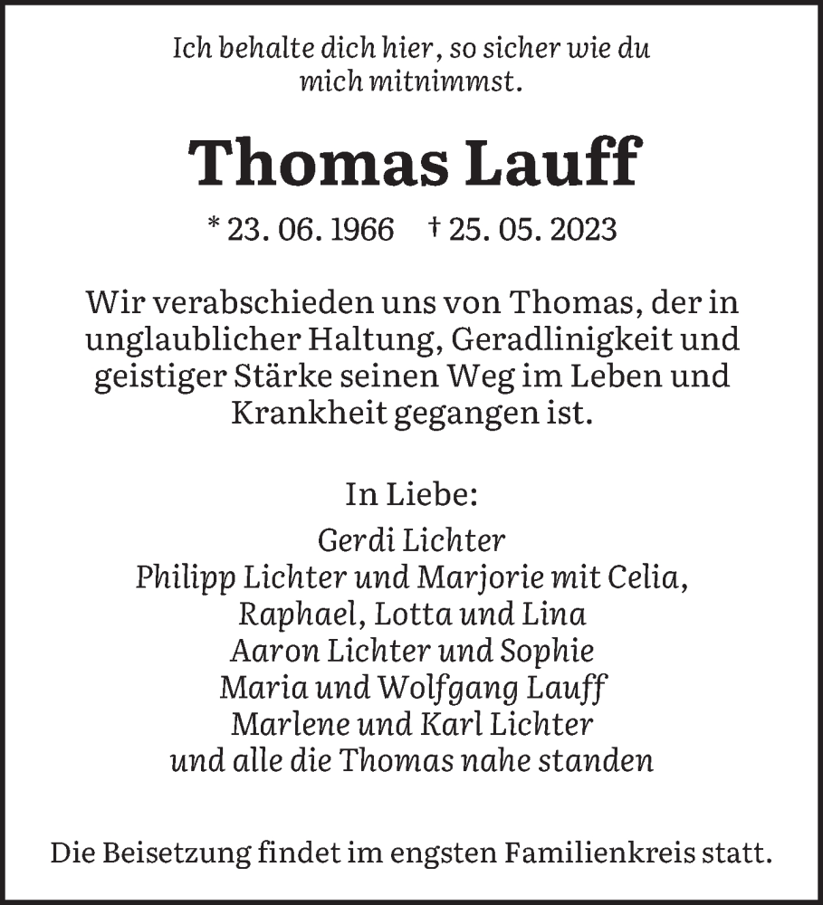  Traueranzeige für Thomas Lauff vom 03.06.2023 aus saarbruecker_zeitung
