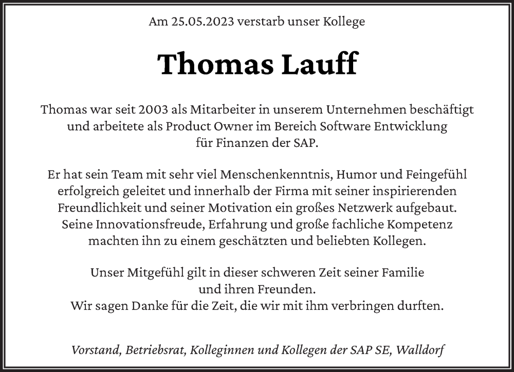  Traueranzeige für Thomas Lauff vom 03.06.2023 aus saarbruecker_zeitung