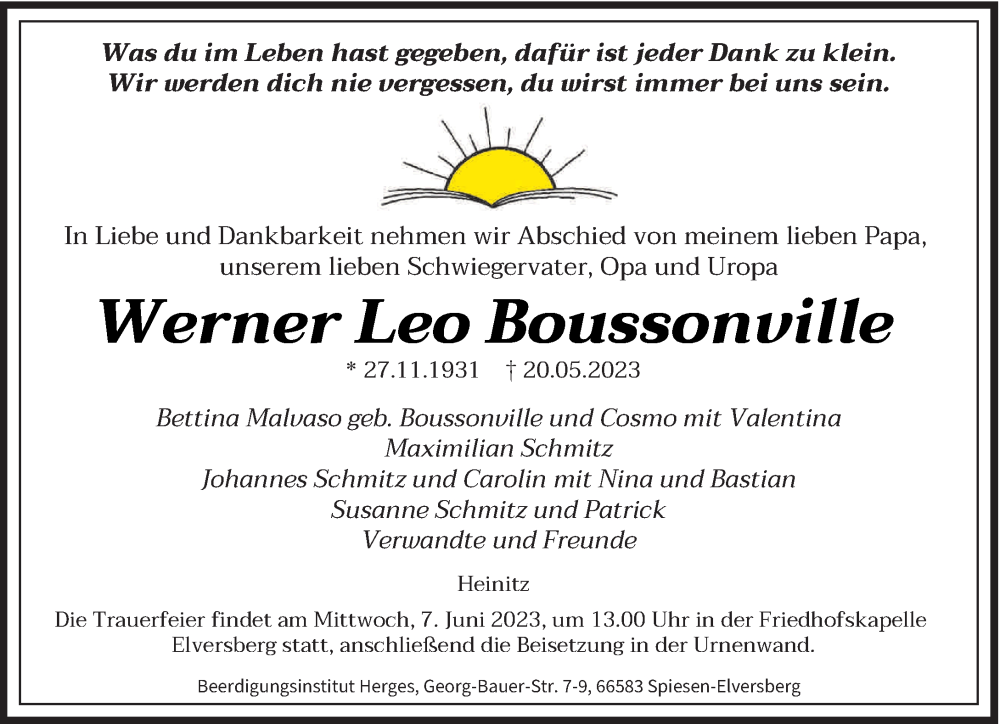 Traueranzeige für Werner Leo Boussonville vom 03.06.2023 aus saarbruecker_zeitung