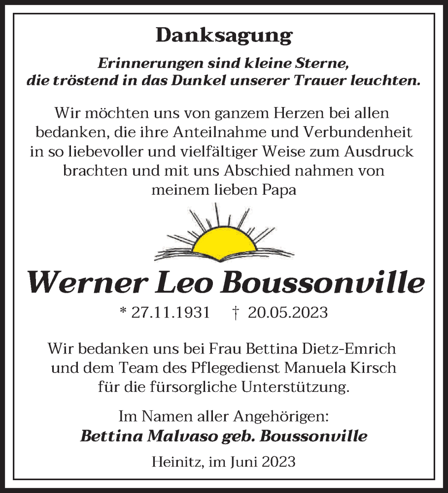  Traueranzeige für Werner Leo Boussonville vom 24.06.2023 aus saarbruecker_zeitung
