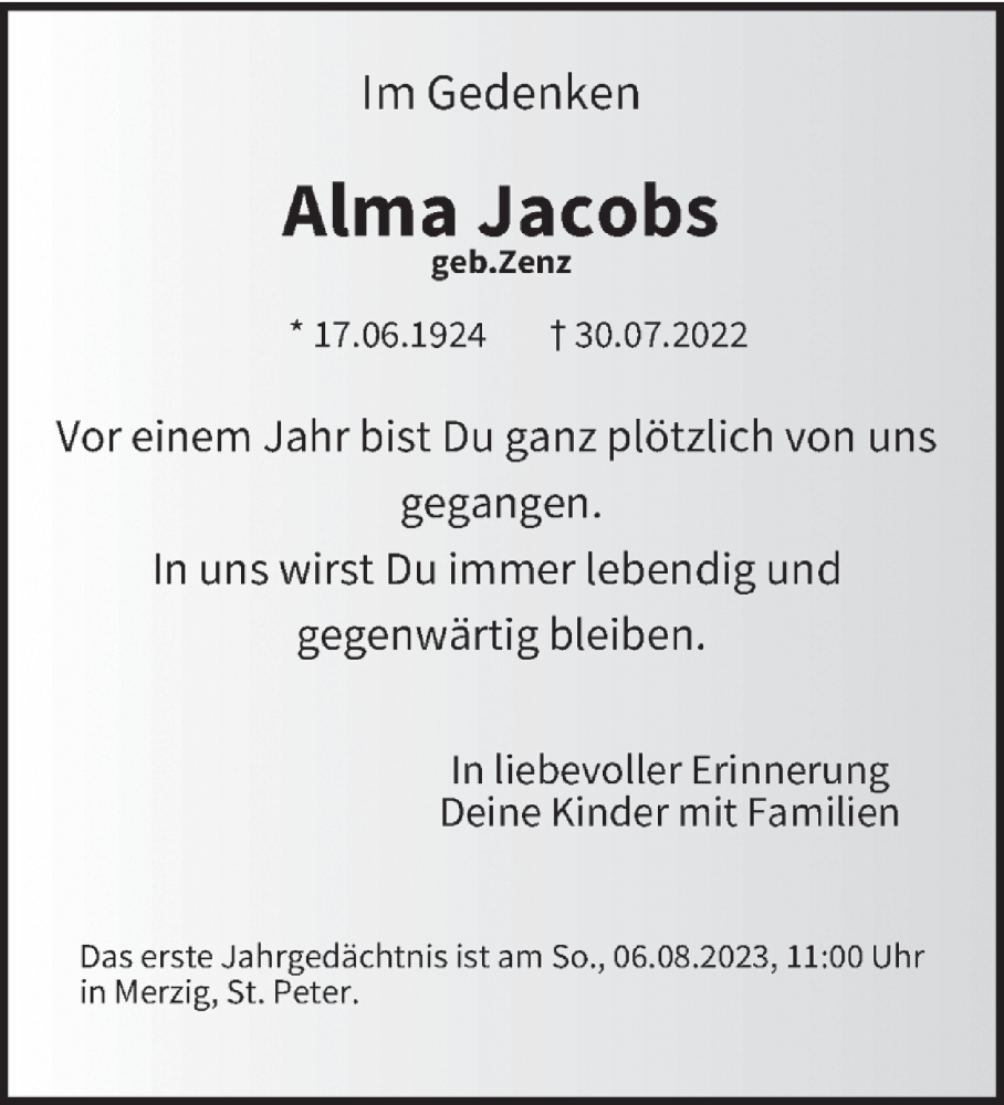  Traueranzeige für Alma Jacobs vom 29.07.2023 aus saarbruecker_zeitung