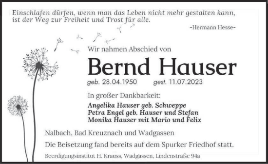 Traueranzeige von Bernd Hauser von saarbruecker_zeitung