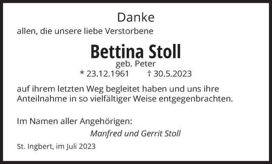 Traueranzeige von Bettina Stoll von saarbruecker_zeitung