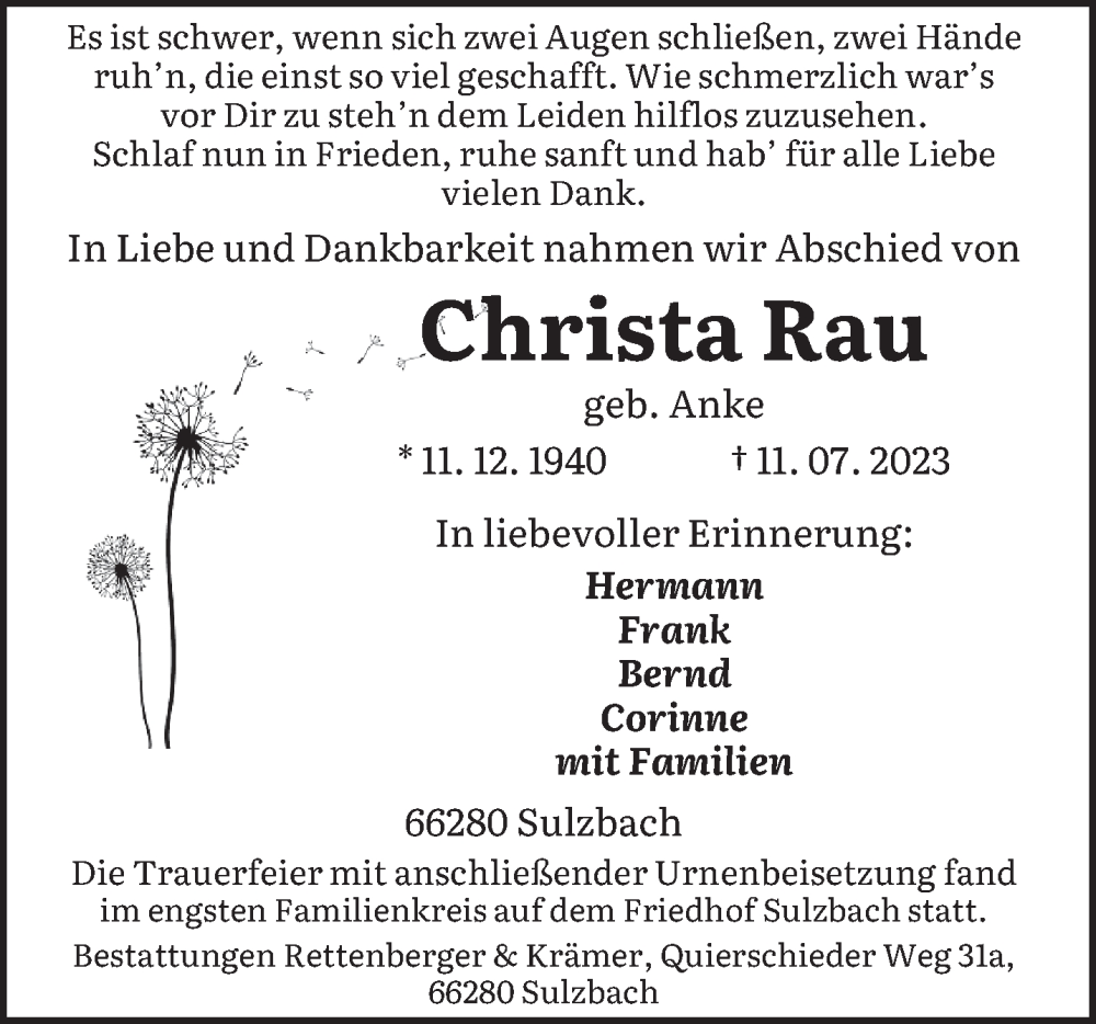  Traueranzeige für Christa Rau vom 29.07.2023 aus saarbruecker_zeitung