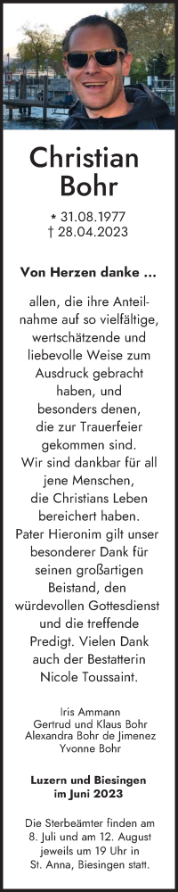  Traueranzeige für Christian Bohr vom 01.07.2023 aus saarbruecker_zeitung