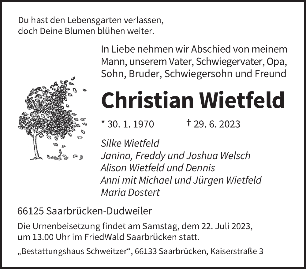 Traueranzeige für Christian Wietfeld vom 08.07.2023 aus saarbruecker_zeitung