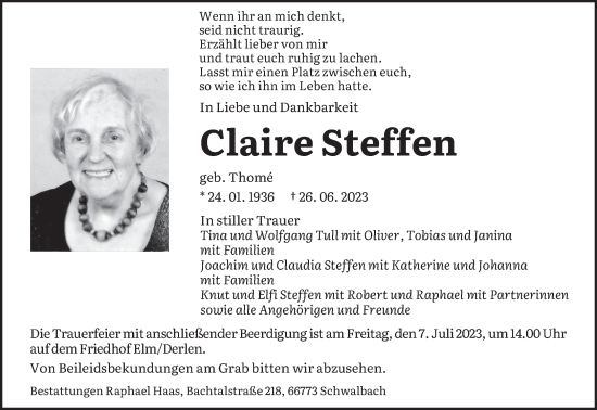 Traueranzeigen von Claire Steffen | Saarbruecker-Zeitung.Trauer.de