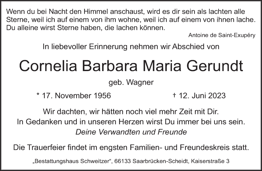  Traueranzeige für Cornelia Barbara Maria Gerundt vom 01.07.2023 aus saarbruecker_zeitung