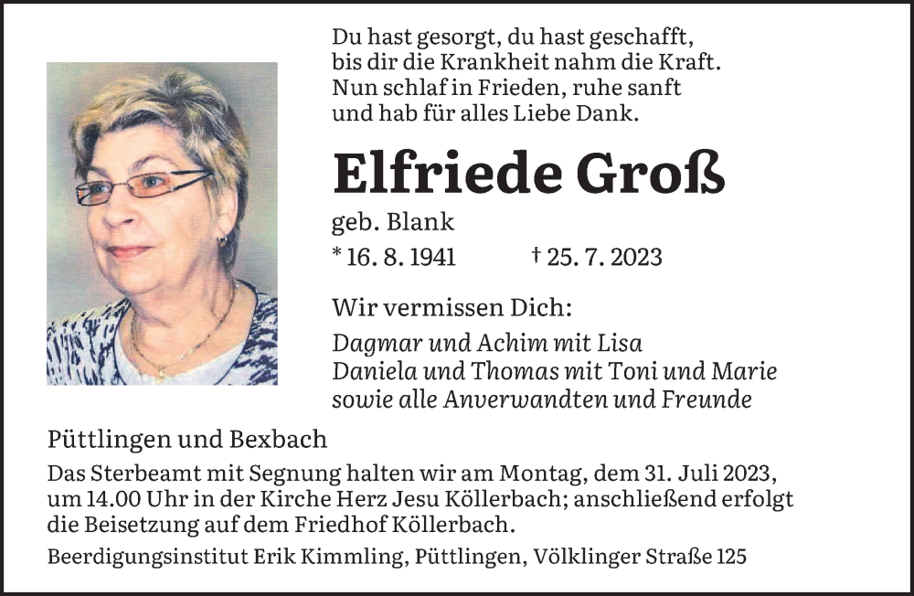  Traueranzeige für Elfriede Groß vom 29.07.2023 aus saarbruecker_zeitung