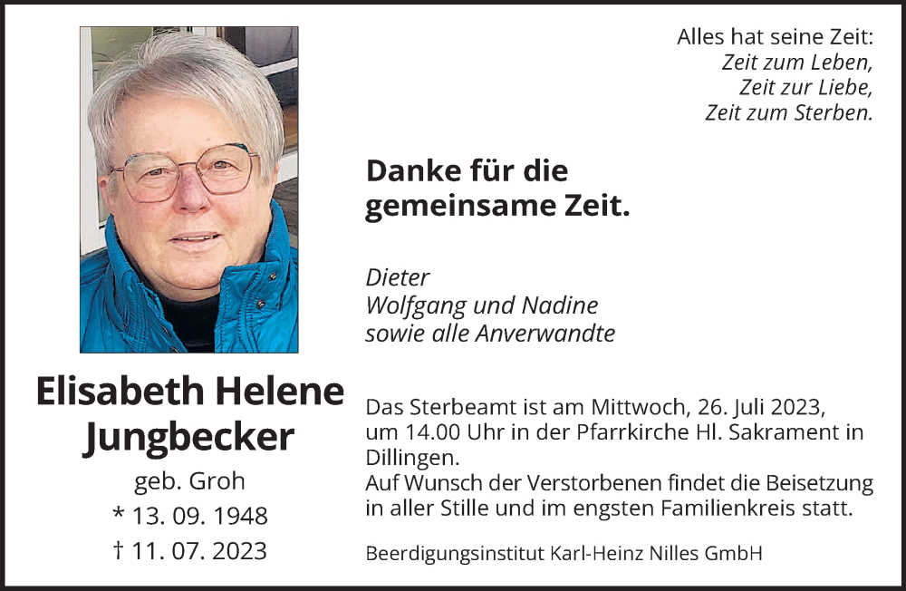 Traueranzeigen Von Elisabeth Helene Jungbecker | Saarbruecker-Zeitung ...