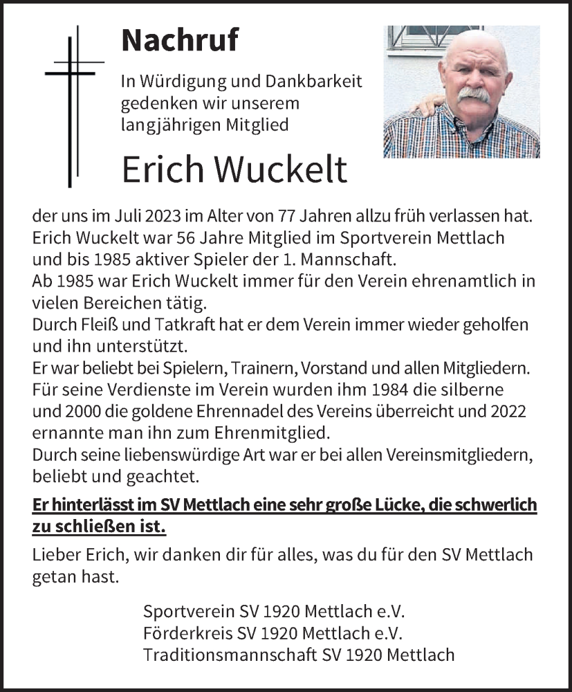  Traueranzeige für Erich Wuckelt vom 22.07.2023 aus saarbruecker_zeitung
