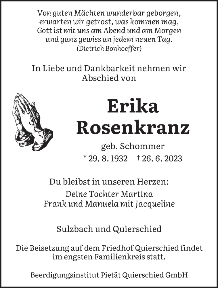  Traueranzeige für Erika Rosenkranz vom 01.07.2023 aus saarbruecker_zeitung