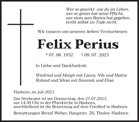 Traueranzeige von Felix Perius von saarbruecker_zeitung