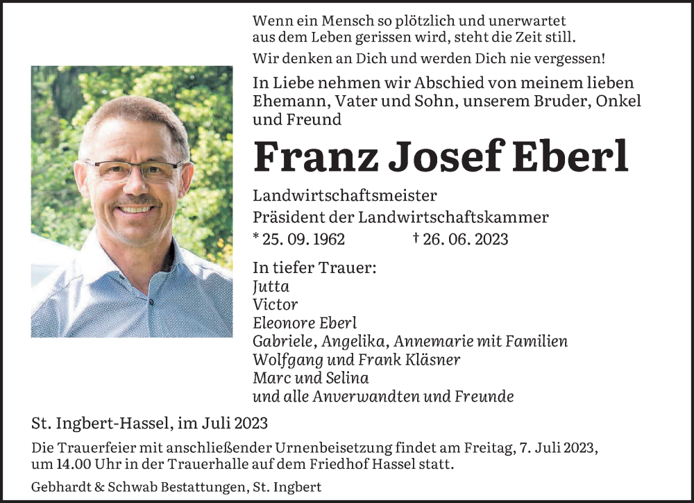  Traueranzeige für Franz Josef Eberl vom 01.07.2023 aus saarbruecker_zeitung