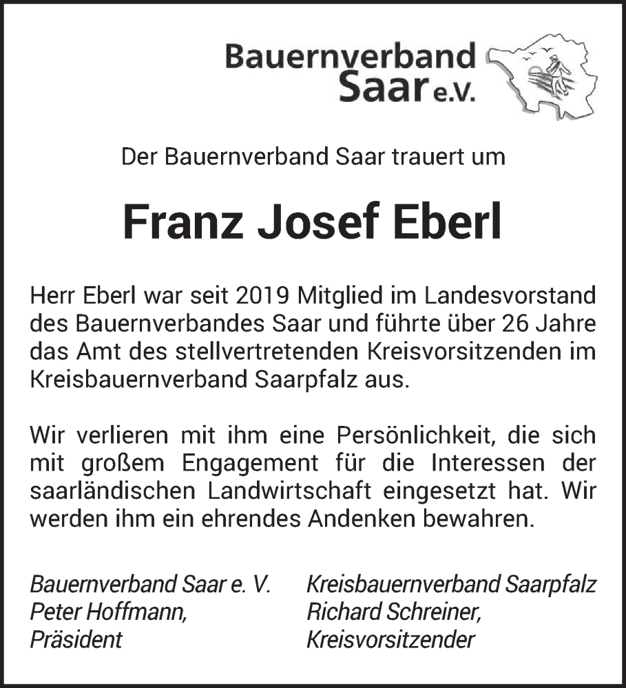  Traueranzeige für Franz Josef Eberl vom 05.07.2023 aus saarbruecker_zeitung