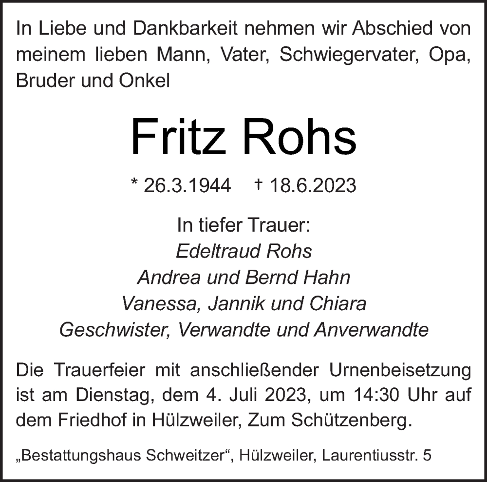  Traueranzeige für Fritz Rohs vom 01.07.2023 aus saarbruecker_zeitung