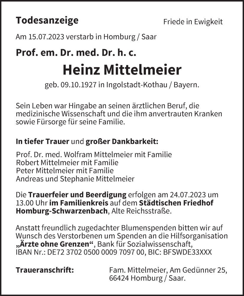  Traueranzeige für Heinz Mittelmeier vom 19.07.2023 aus saarbruecker_zeitung
