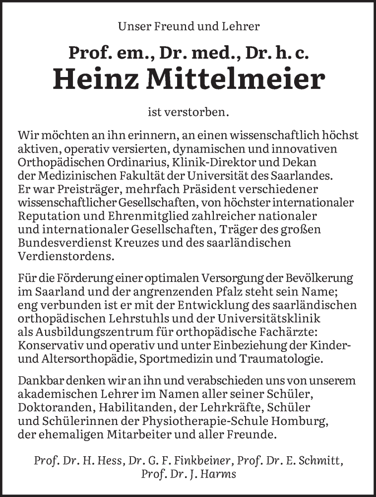  Traueranzeige für Heinz Mittelmeier vom 29.07.2023 aus saarbruecker_zeitung