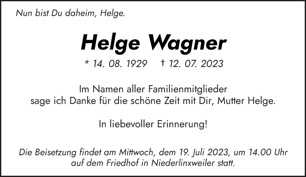  Traueranzeige für Helge Wagner vom 15.07.2023 aus saarbruecker_zeitung