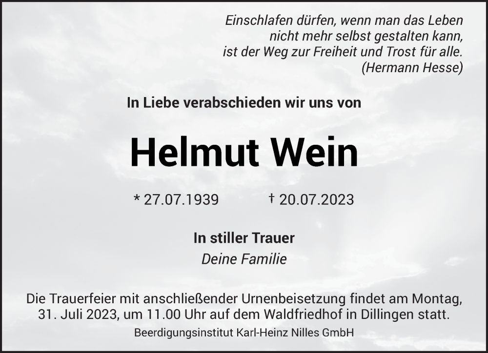  Traueranzeige für Helmut Wein vom 22.07.2023 aus saarbruecker_zeitung