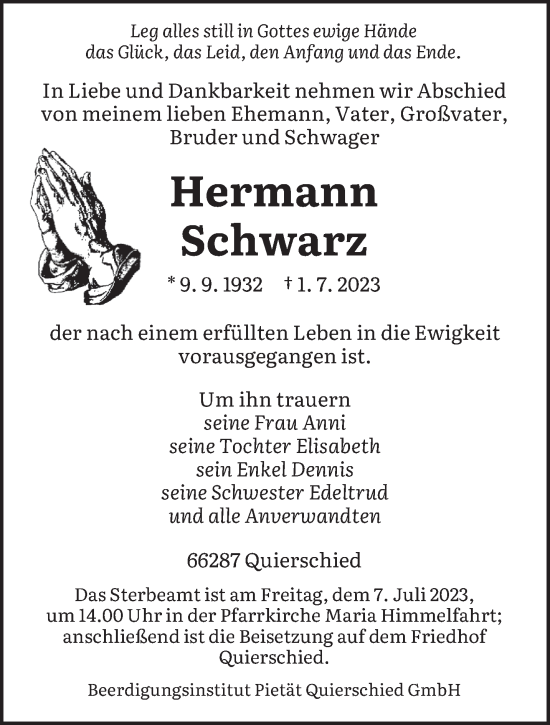 Traueranzeigen Von Hermann Schwarz | Saarbruecker-Zeitung.Trauer.de