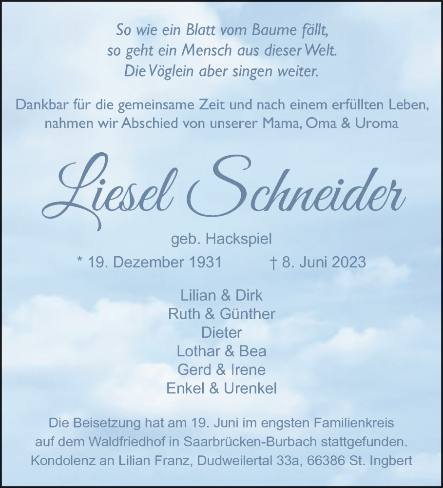  Traueranzeige für Liesel Schneider vom 01.07.2023 aus saarbruecker_zeitung
