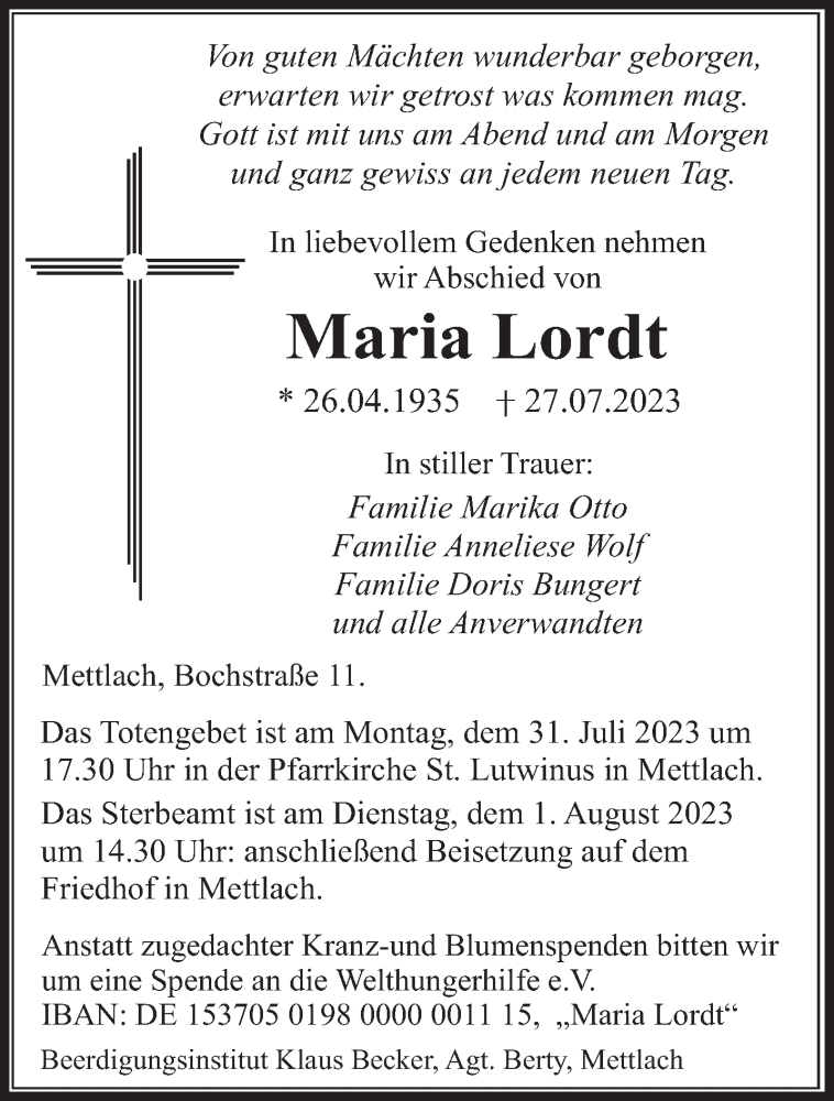  Traueranzeige für Maria Lordt vom 29.07.2023 aus saarbruecker_zeitung