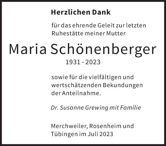 Traueranzeige von Maria Schönenberger von saarbruecker_zeitung