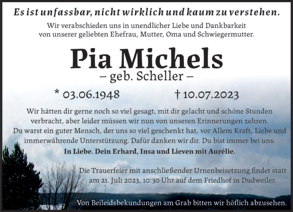  Traueranzeige für Pia Michels vom 15.07.2023 aus saarbruecker_zeitung