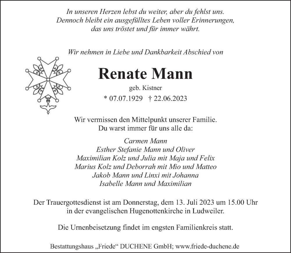  Traueranzeige für Renate Mann vom 01.07.2023 aus saarbruecker_zeitung