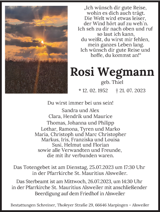 Traueranzeige von Rosi Wegmann von saarbruecker_zeitung