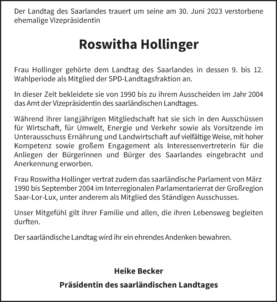  Traueranzeige für Roswitha Hollinger vom 08.07.2023 aus saarbruecker_zeitung