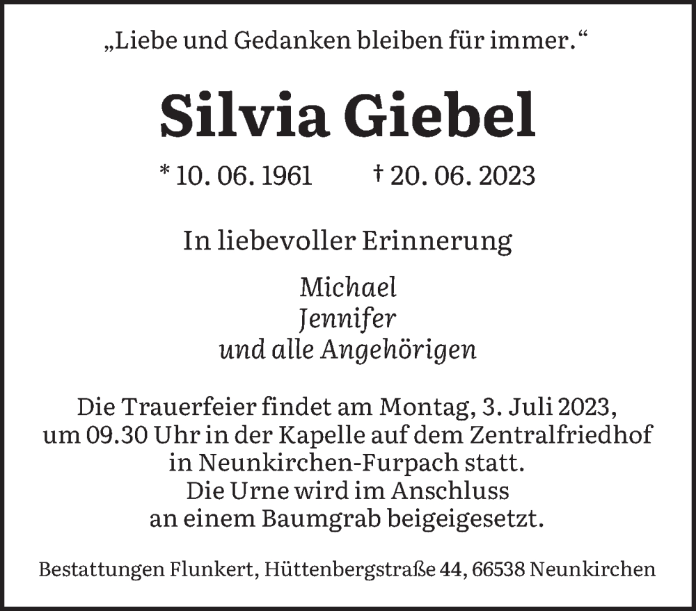  Traueranzeige für Silvia Giebel vom 01.07.2023 aus saarbruecker_zeitung