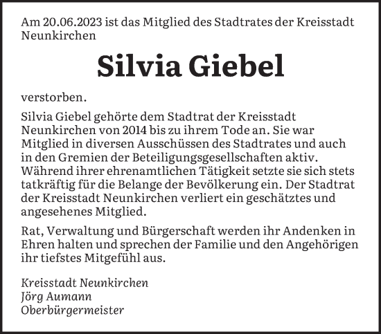 Traueranzeige von Silvia Giebel von saarbruecker_zeitung