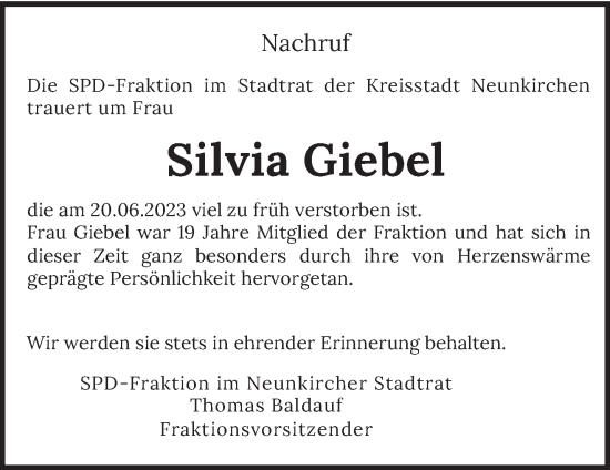 Traueranzeige von Silvia Giebel von saarbruecker_zeitung