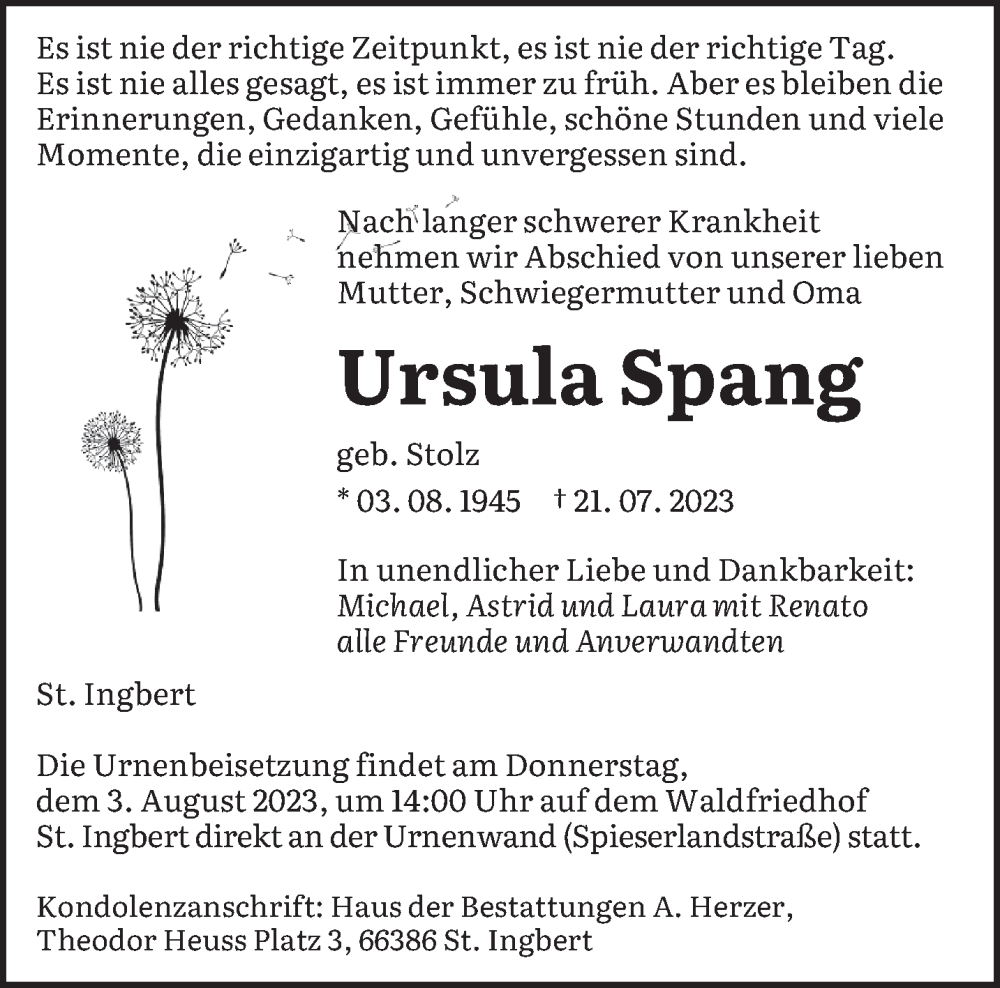  Traueranzeige für Ursula Spang vom 29.07.2023 aus saarbruecker_zeitung
