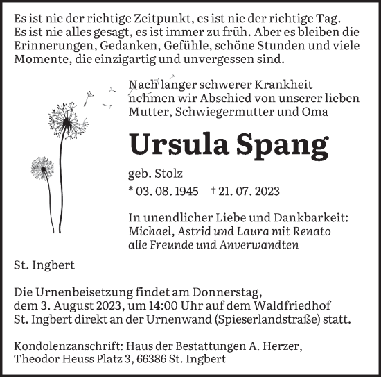 Traueranzeige von Ursula Spang von saarbruecker_zeitung