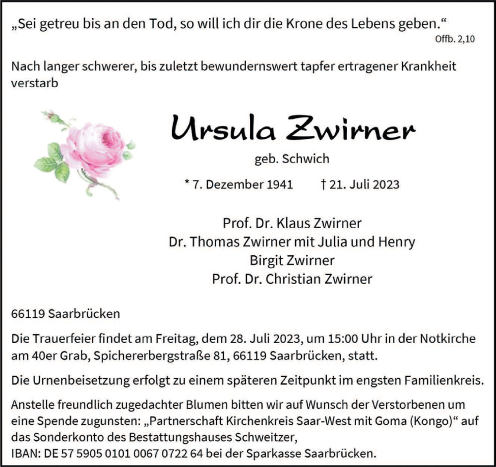  Traueranzeige für Ursula Zwirner vom 24.07.2023 aus saarbruecker_zeitung