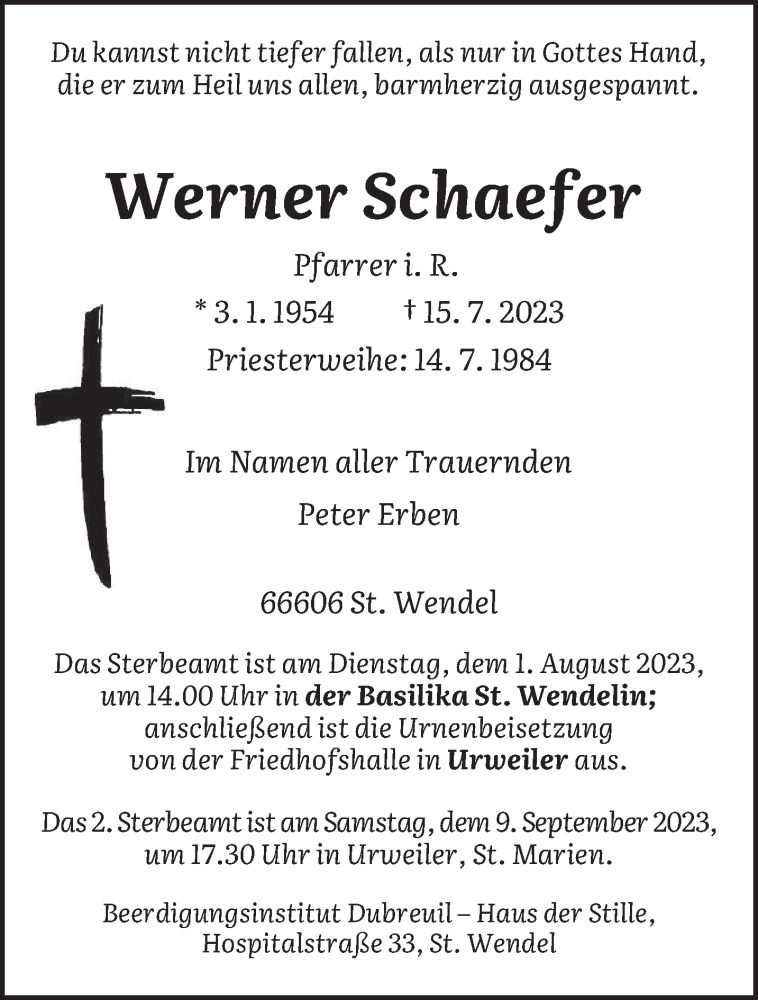  Traueranzeige für Werner Schaefer vom 29.07.2023 aus saarbruecker_zeitung