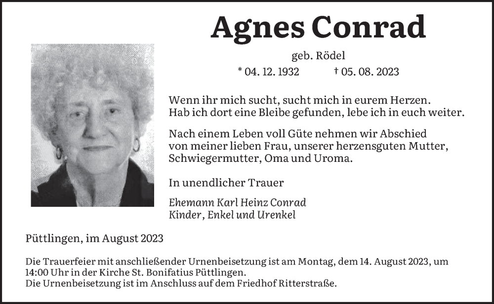  Traueranzeige für Agnes Conrad vom 12.08.2023 aus saarbruecker_zeitung