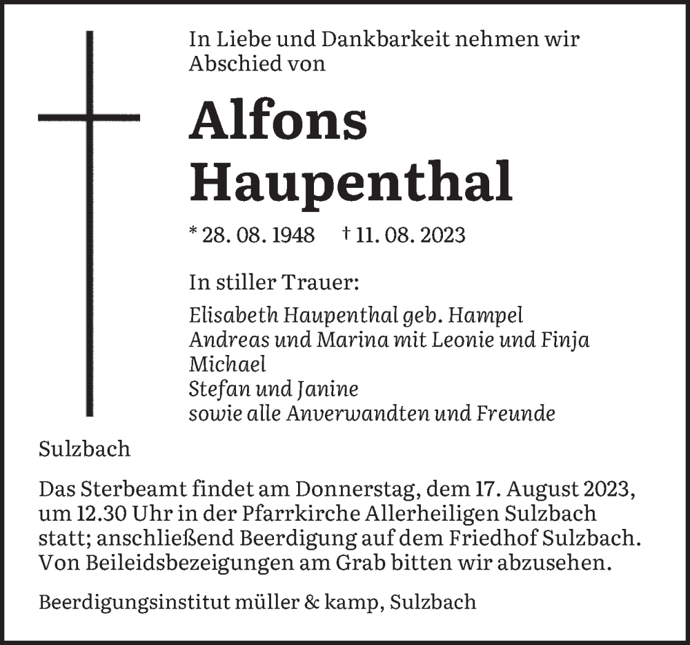  Traueranzeige für Alfons Haupenthal vom 16.08.2023 aus saarbruecker_zeitung