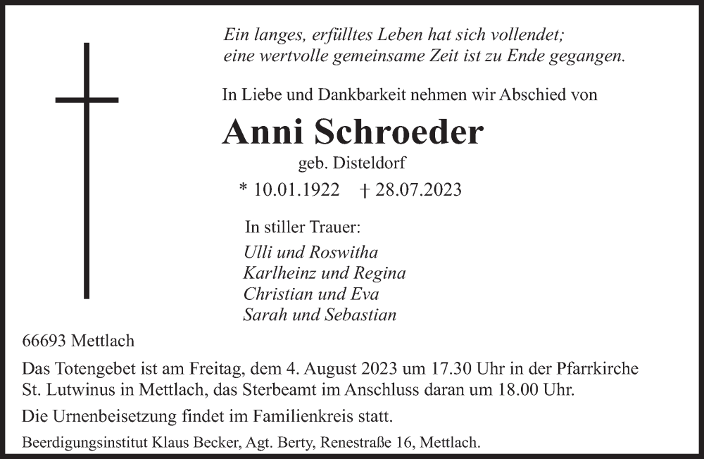  Traueranzeige für Anni Schroeder vom 02.08.2023 aus saarbruecker_zeitung