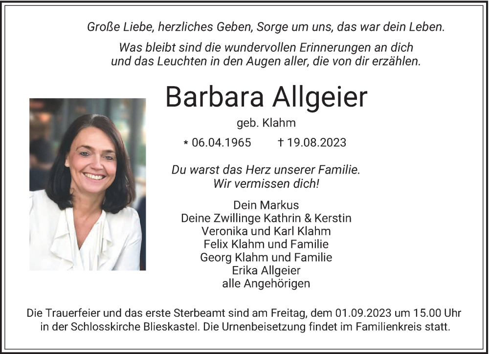  Traueranzeige für Barbara Allgeier vom 26.08.2023 aus saarbruecker_zeitung