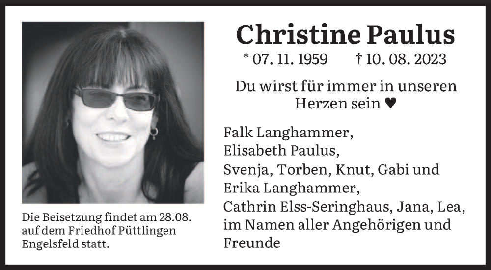  Traueranzeige für Christine Paulus vom 26.08.2023 aus saarbruecker_zeitung