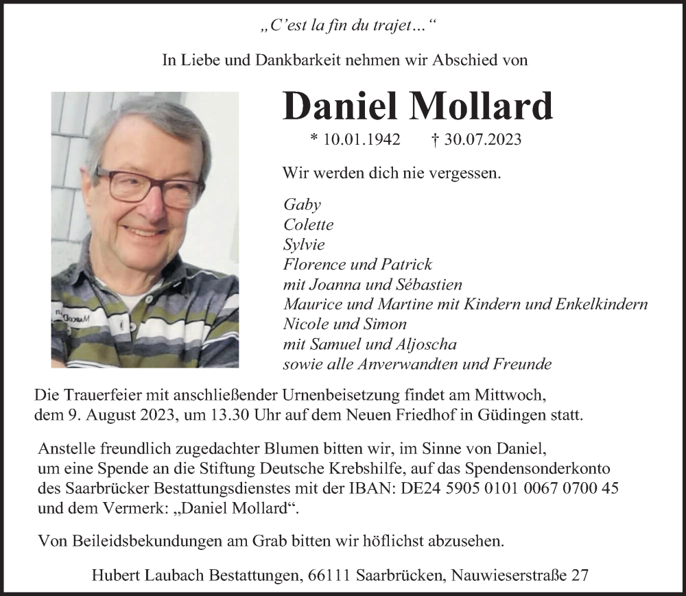  Traueranzeige für Daniel Mollard vom 05.08.2023 aus saarbruecker_zeitung